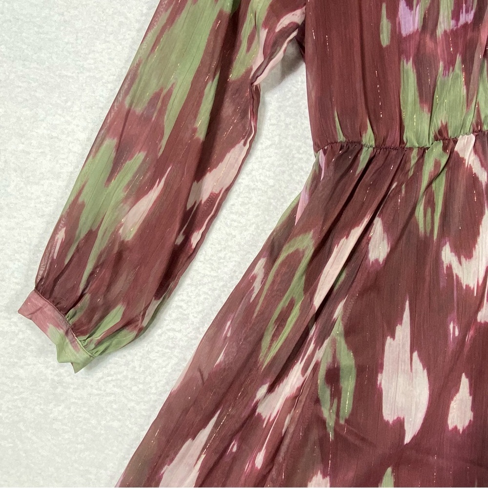 Grace + Karma Ikat Print Maxi Dress Women's L Burgundy Green Long Sleeve NWT - Picture 2 of 13